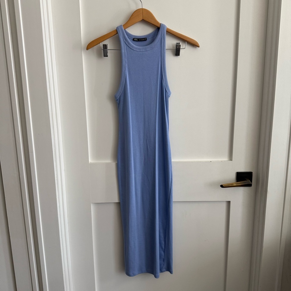 Sky Blue rib knit Sleeveless high neck Midi bodycon Dress